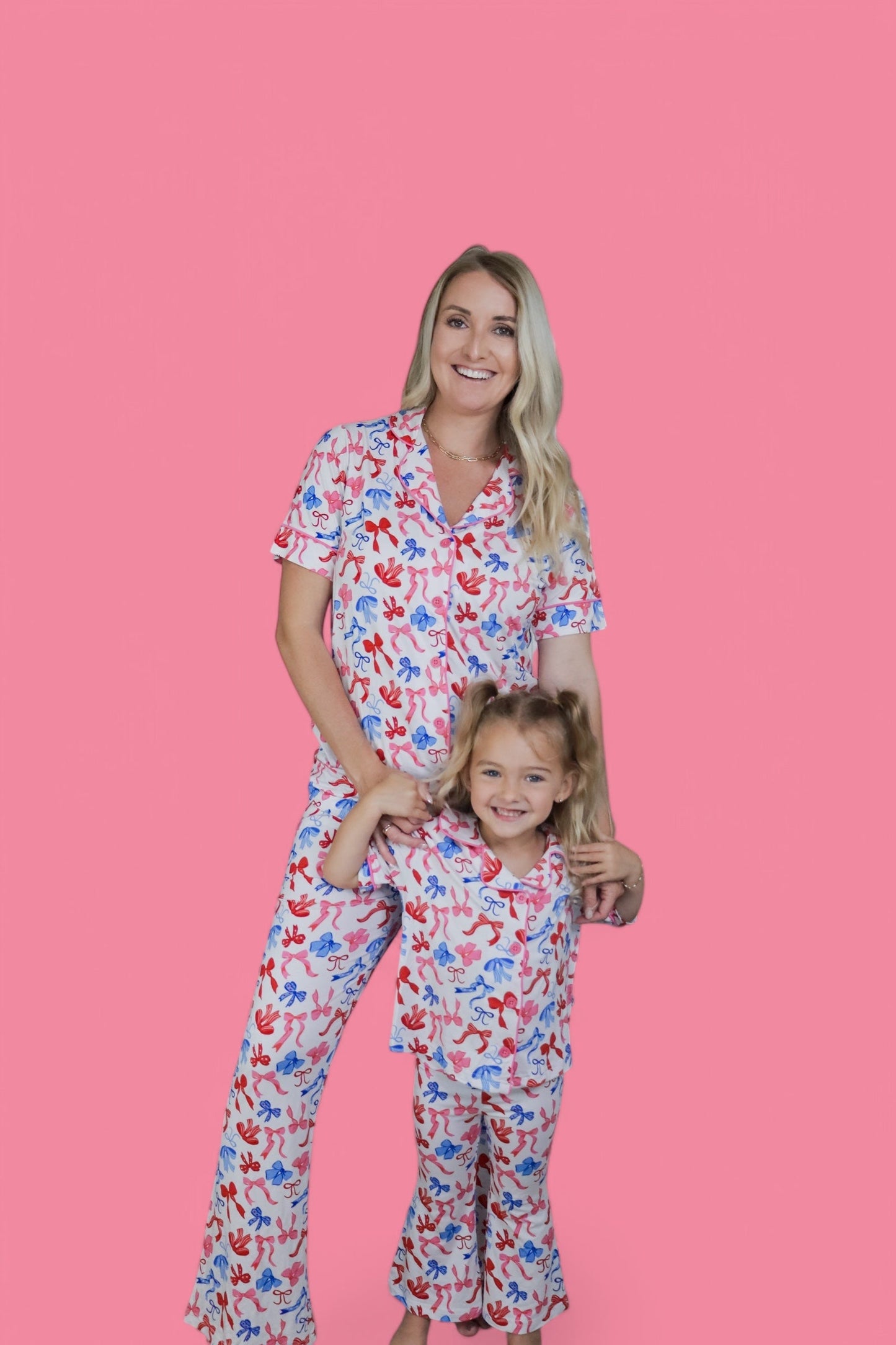 RED, WHITE AND BOWS DREAM GIRL'S SHORT SLEEVE FLARE SET