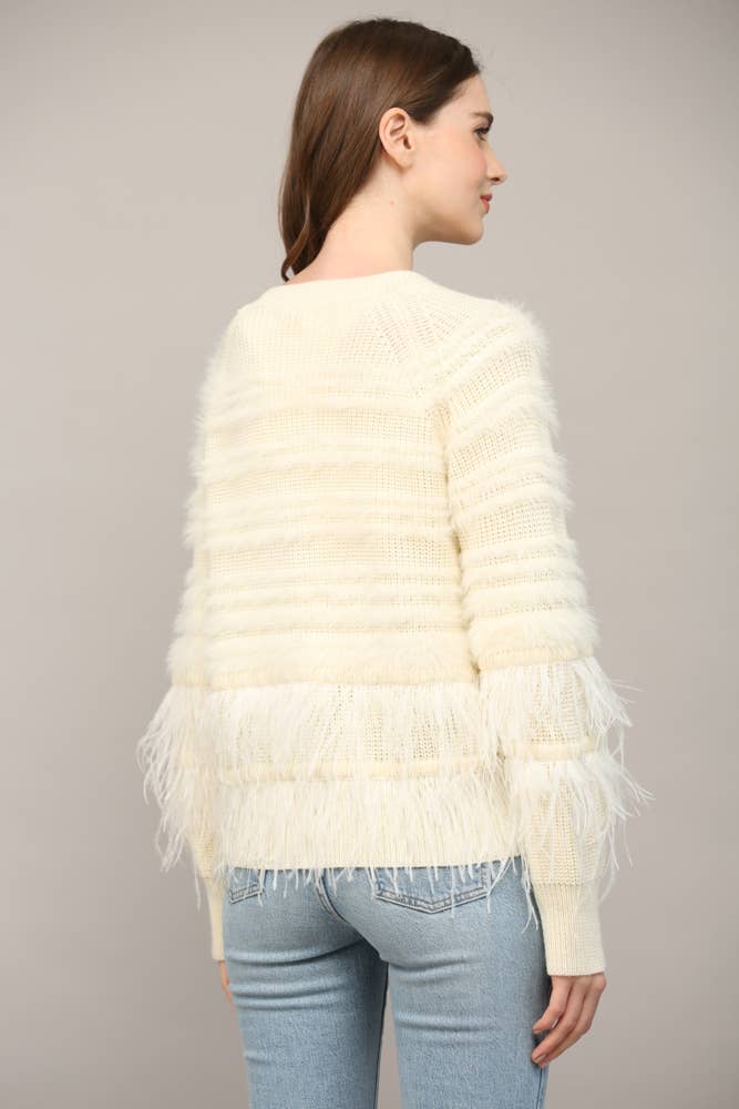 Feather Trim Wool Blend Cardigan