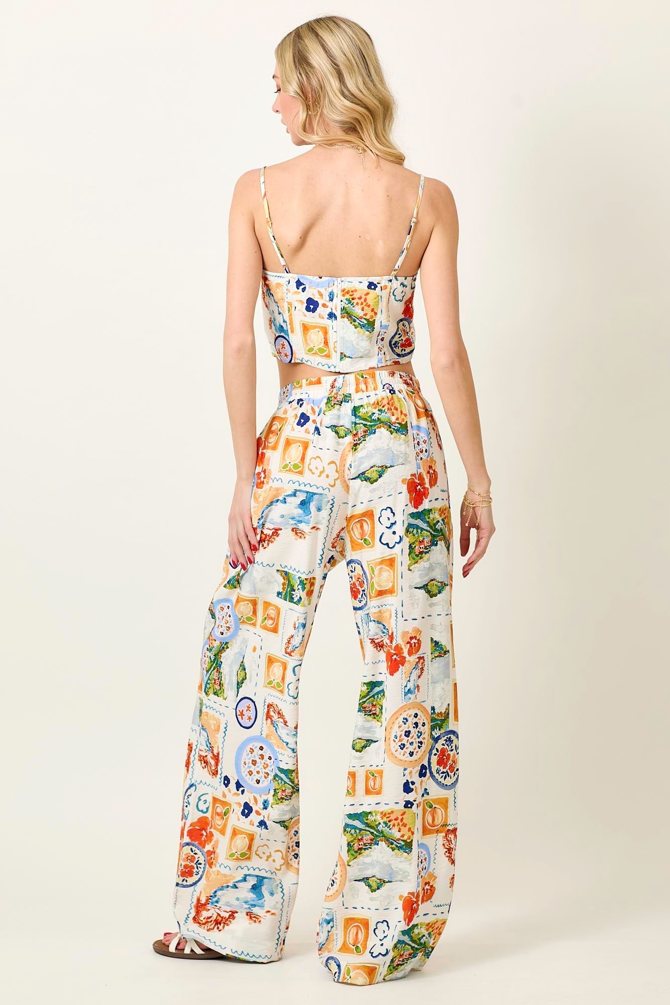 Watercolor Print Tie Up Cami Top and Pant Set
