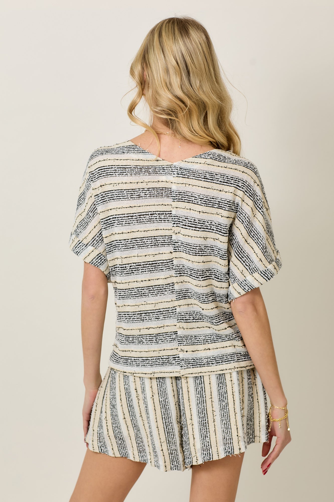 Stripe Short Sleeve Set With Cord Tie