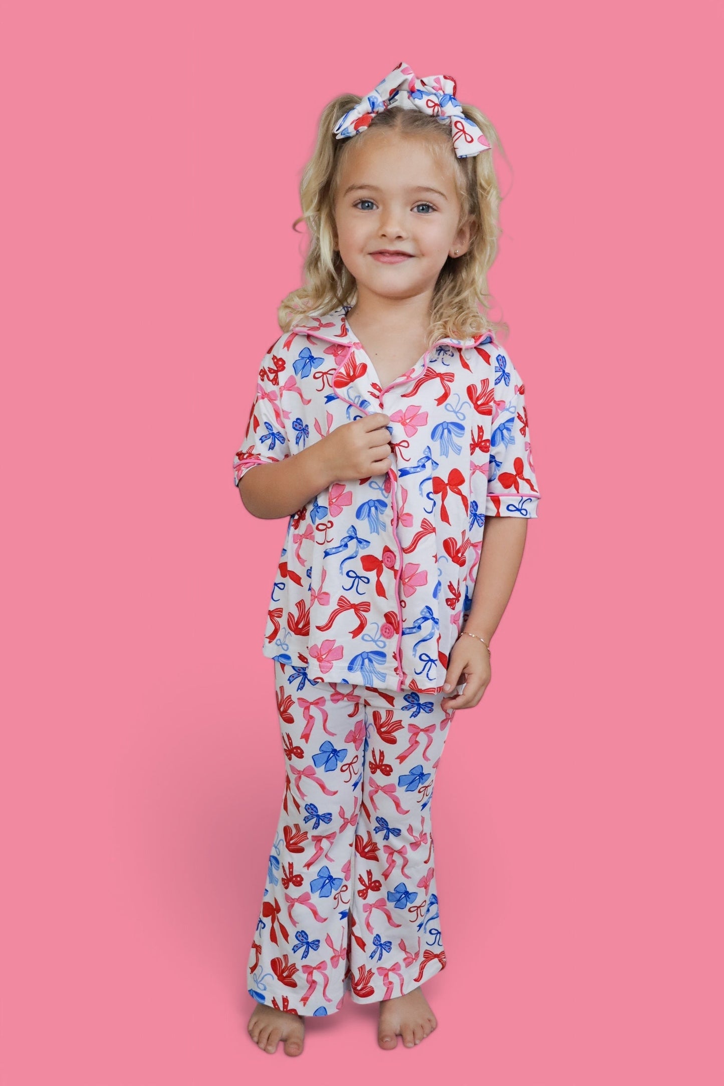 RED, WHITE AND BOWS DREAM GIRL'S SHORT SLEEVE FLARE SET