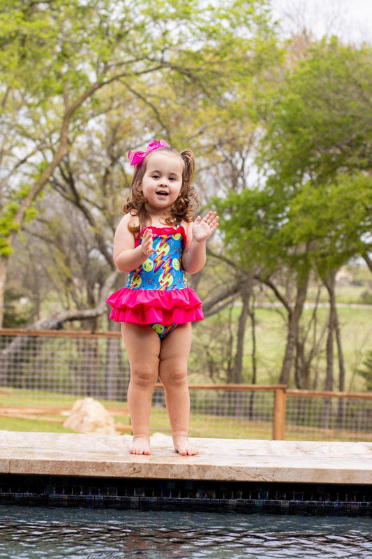 Neon Bolts Ruffled Swim Suit