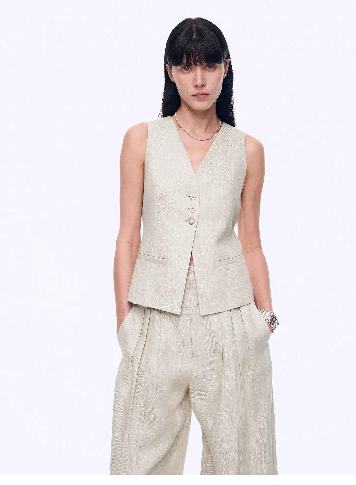 Linen Draped Vest and Straight Trousers Suit