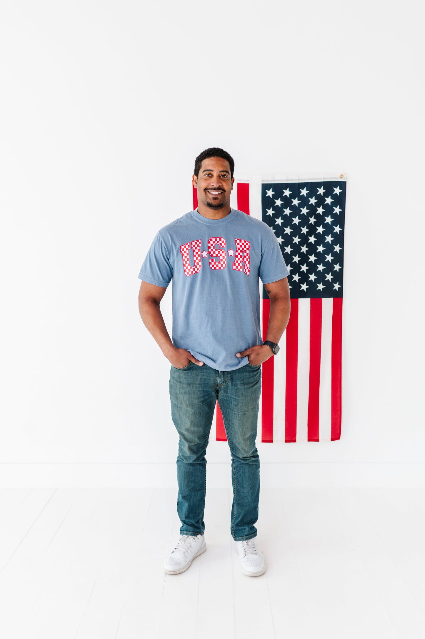 Adult Unisex NAVY ‘USA’ Check Tee