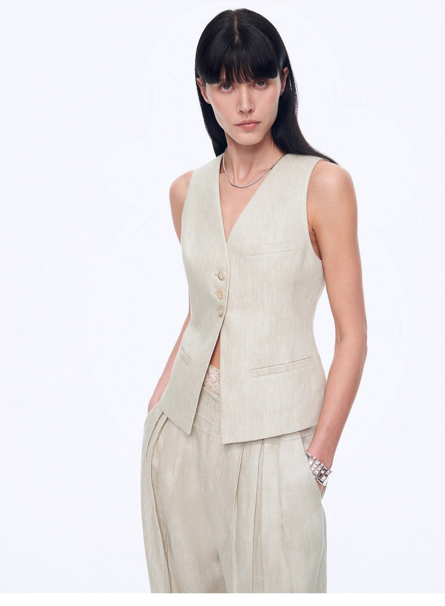 Linen Draped Vest and Straight Trousers Suit