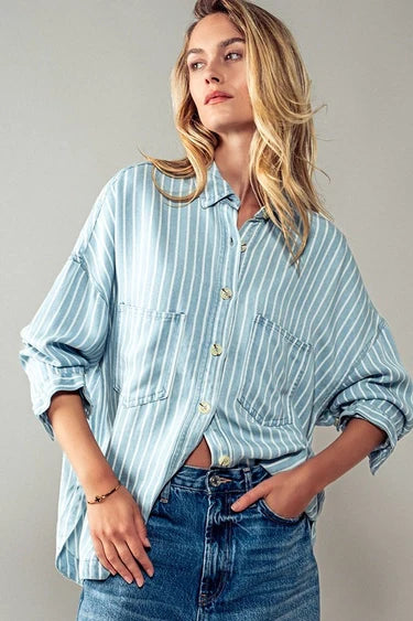 Blue & White Striped Double Pocket Button Down Shirt