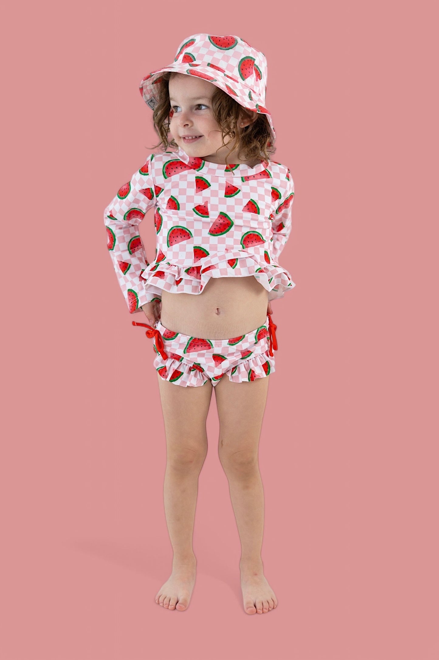 ONE IN A MELON DREAM TWO PIECE RASH GUARD RUFFLE SWIM SUIT
