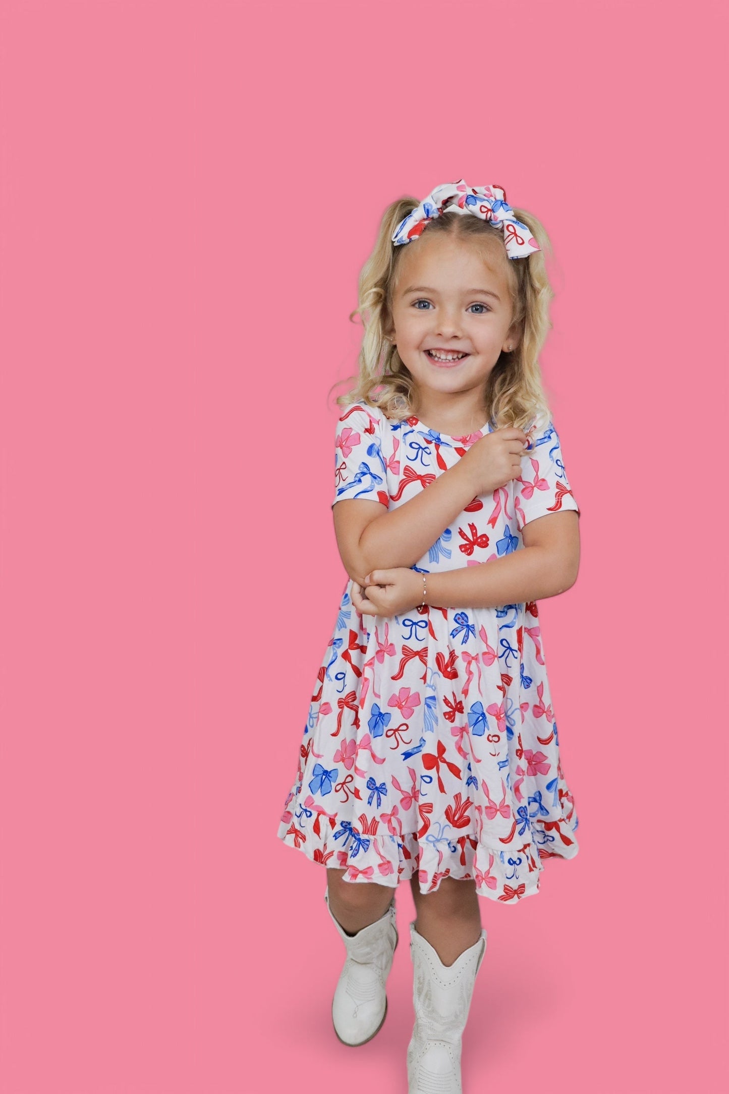 RED, WHITE AND BOWS DREAM RUFFLE DRESS
