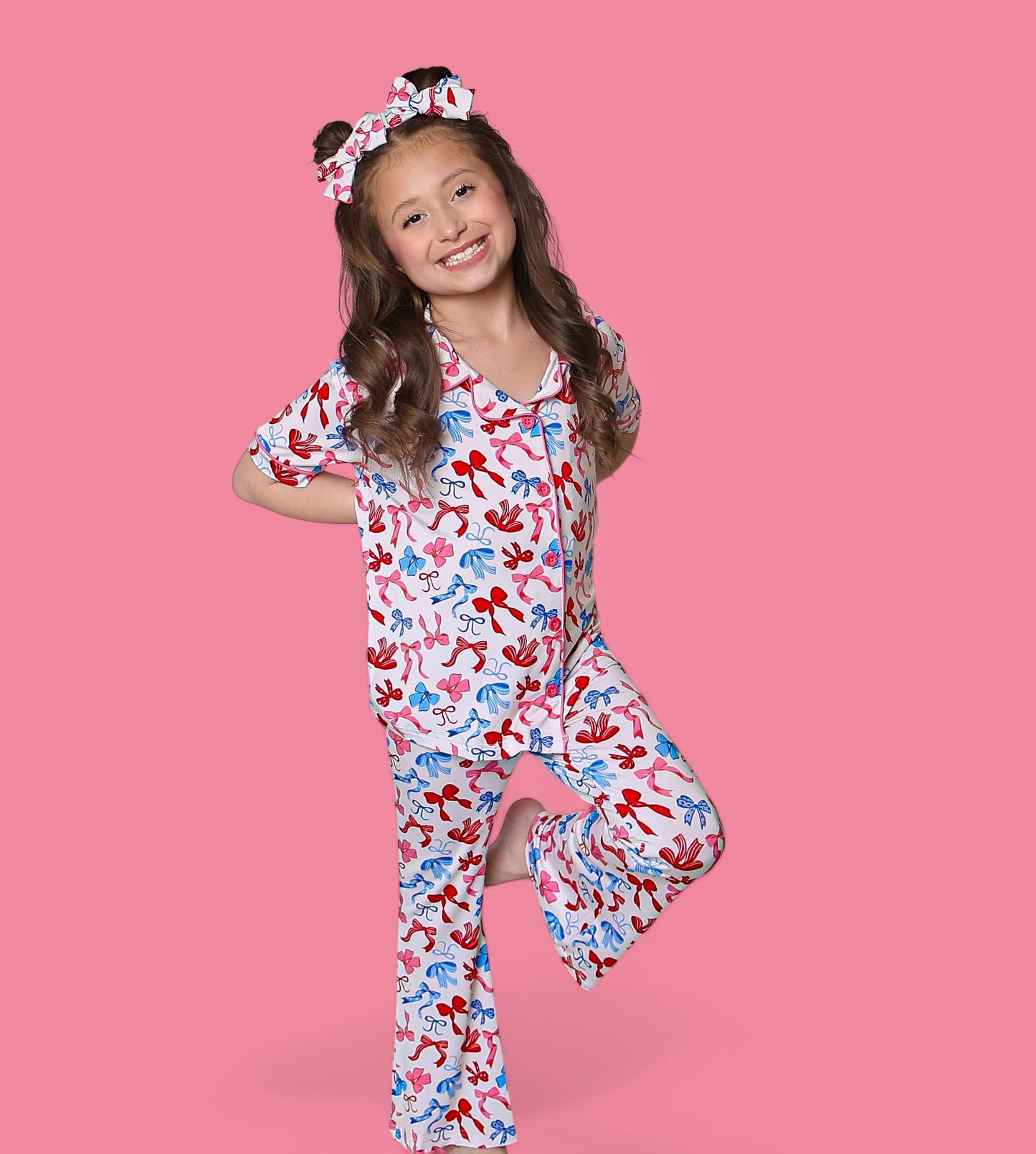RED, WHITE AND BOWS DREAM GIRL'S SHORT SLEEVE FLARE SET