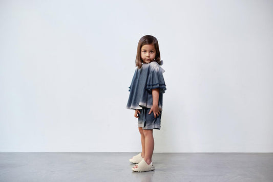 Girls Distressed Chambray Flared Top - Indigo