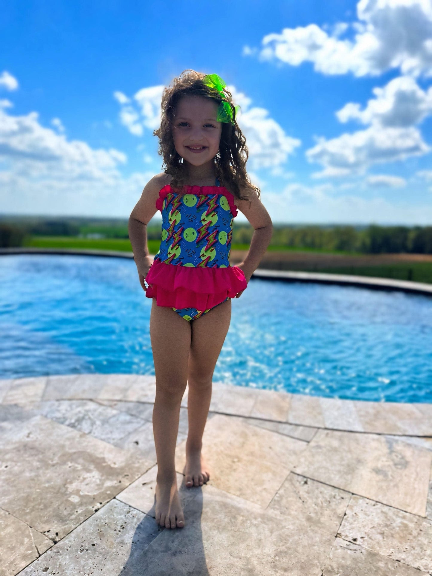 Neon Bolts Ruffled Swim Suit