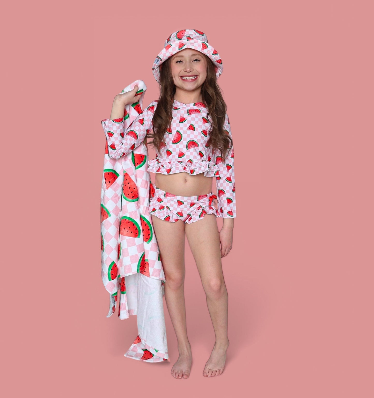 ONE IN A MELON DREAM TWO PIECE RASH GUARD RUFFLE SWIM SUIT