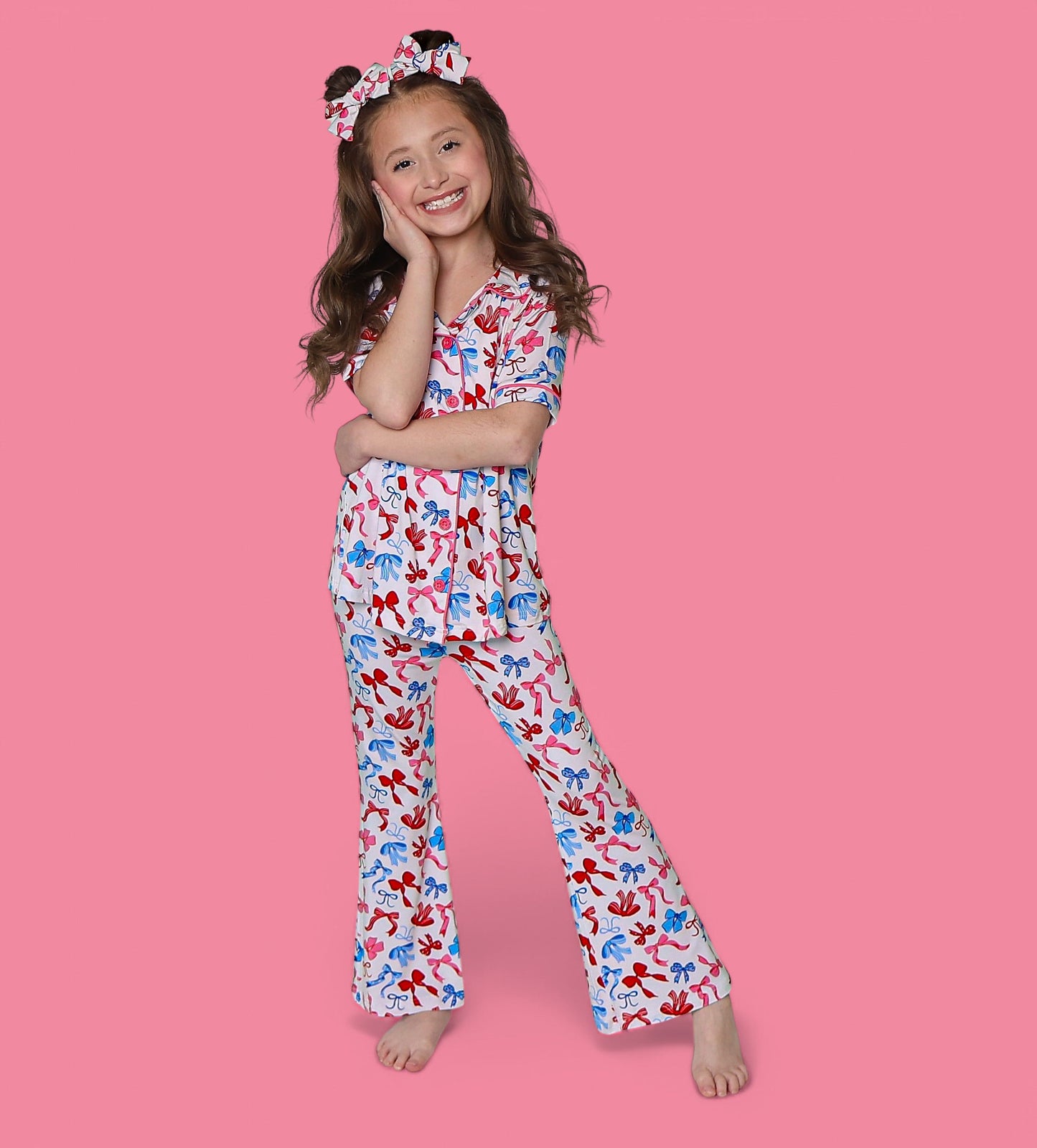 RED, WHITE AND BOWS DREAM GIRL'S SHORT SLEEVE FLARE SET