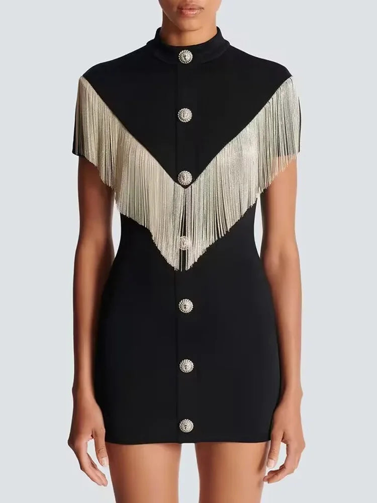 Black Mini Bodycon Dress With Button Tassel