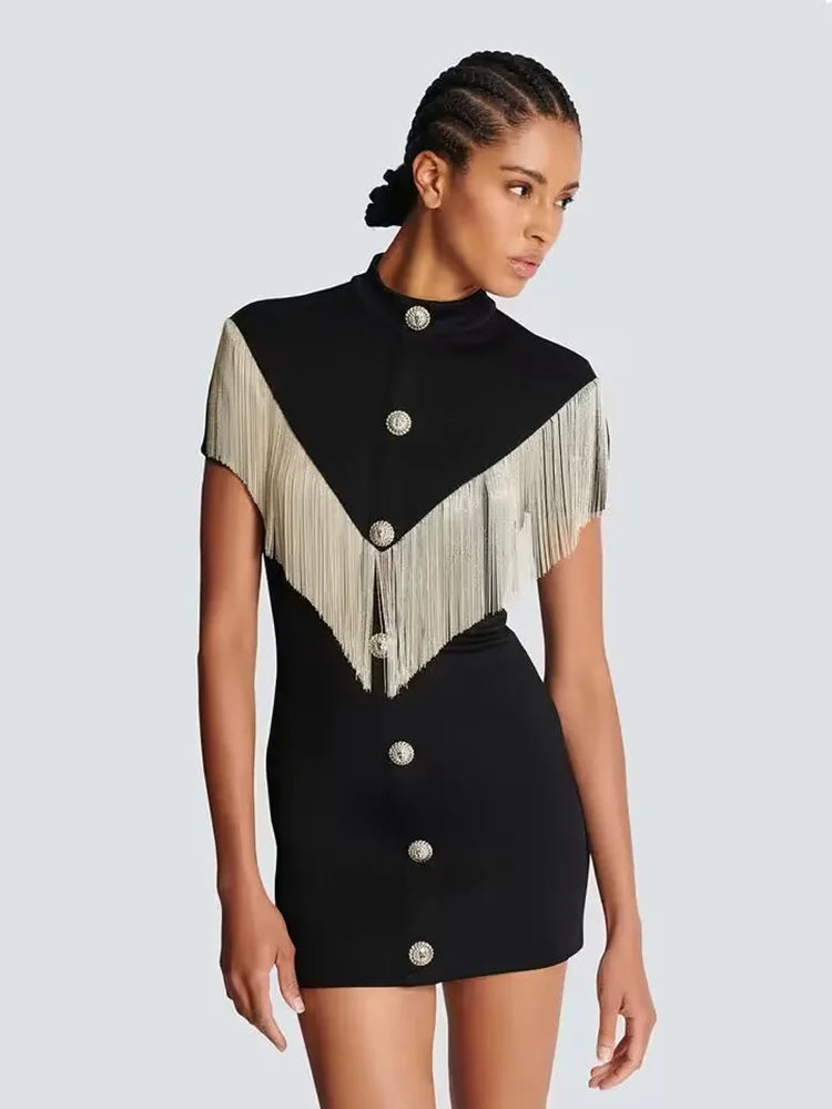 Black Mini Bodycon Dress With Button Tassel