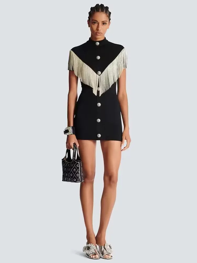 Black Mini Bodycon Dress With Button Tassel