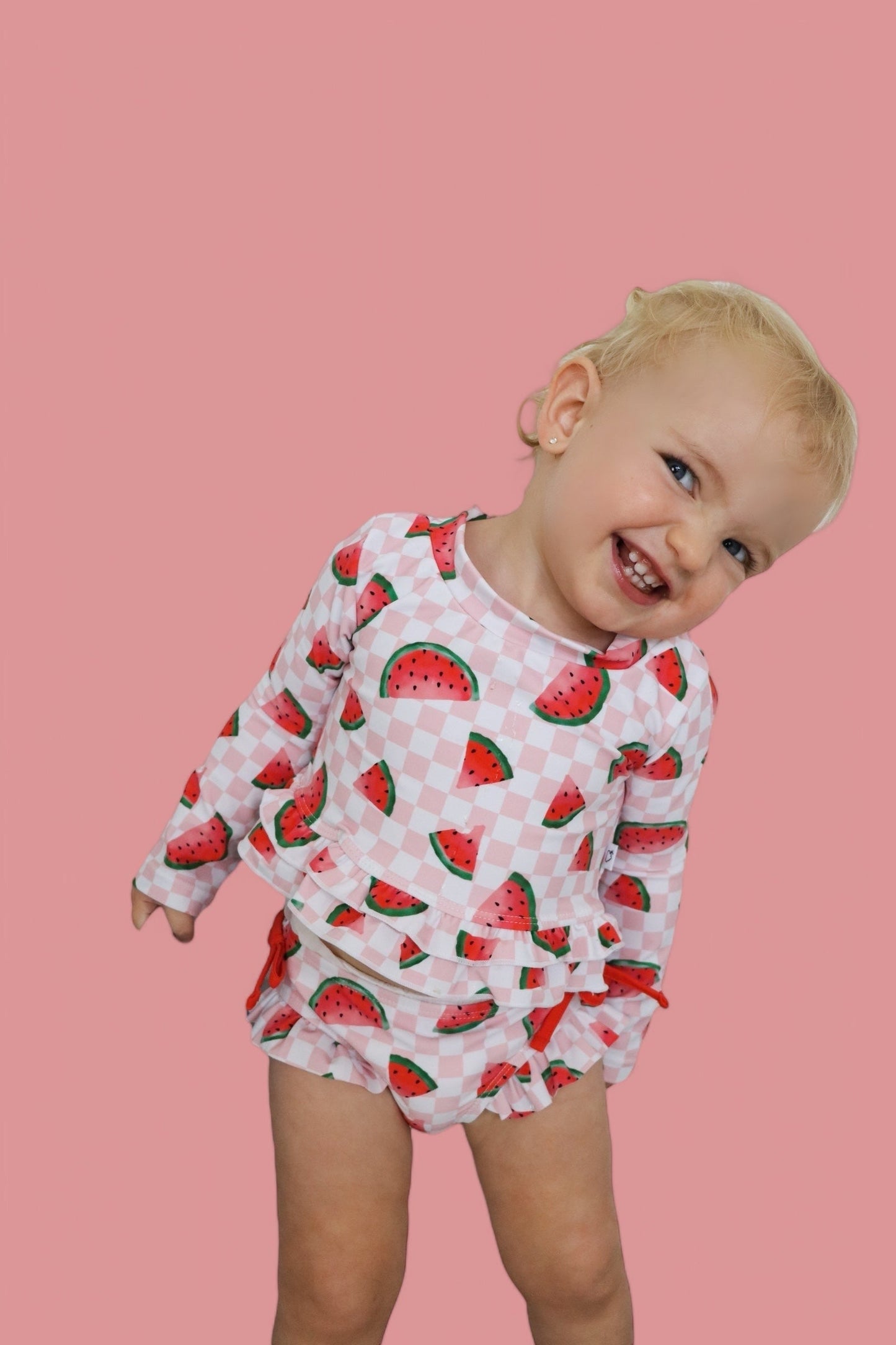 ONE IN A MELON DREAM TWO PIECE RASH GUARD RUFFLE SWIM SUIT