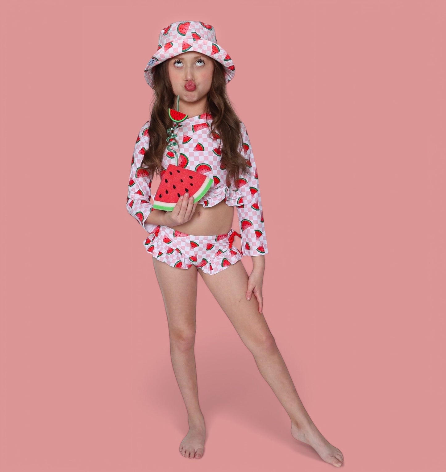 ONE IN A MELON DREAM TWO PIECE RASH GUARD RUFFLE SWIM SUIT