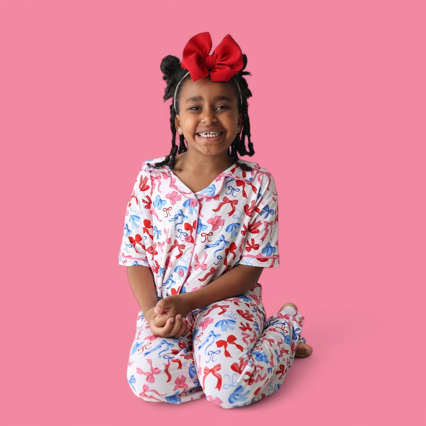 RED, WHITE AND BOWS DREAM GIRL'S SHORT SLEEVE FLARE SET