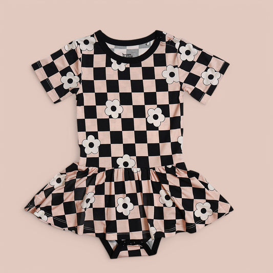 RETRO DAISY CHECKS SHORT SLEEVE DREAM BODYSUIT DRESS