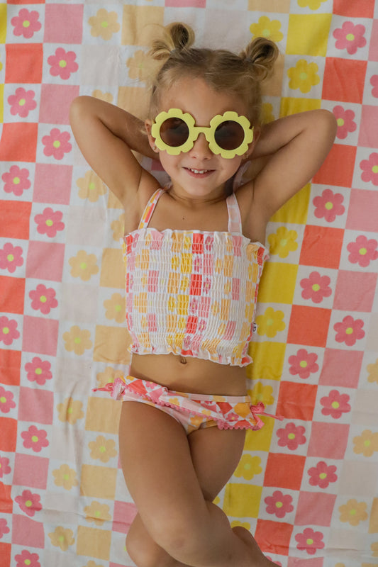 SUMMER SUNSET CHECKERS DREAM SMOCKED TANKINI TWO PIECE SWIM SUIT