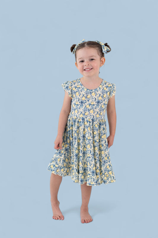 VINTAGE CITRUS TOILE CAP SLEEVE DREAM RUFFLE DRESS