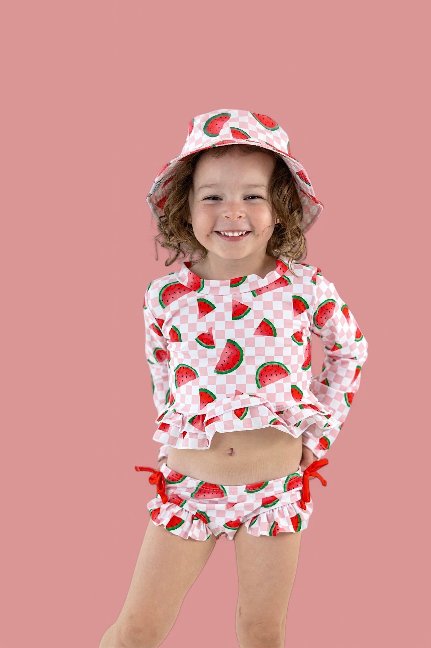 ONE IN A MELON DREAM TWO PIECE RASH GUARD RUFFLE SWIM SUIT
