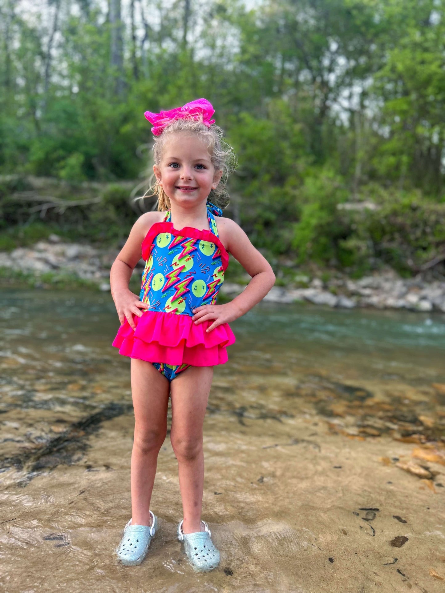 Neon Bolts Ruffled Swim Suit