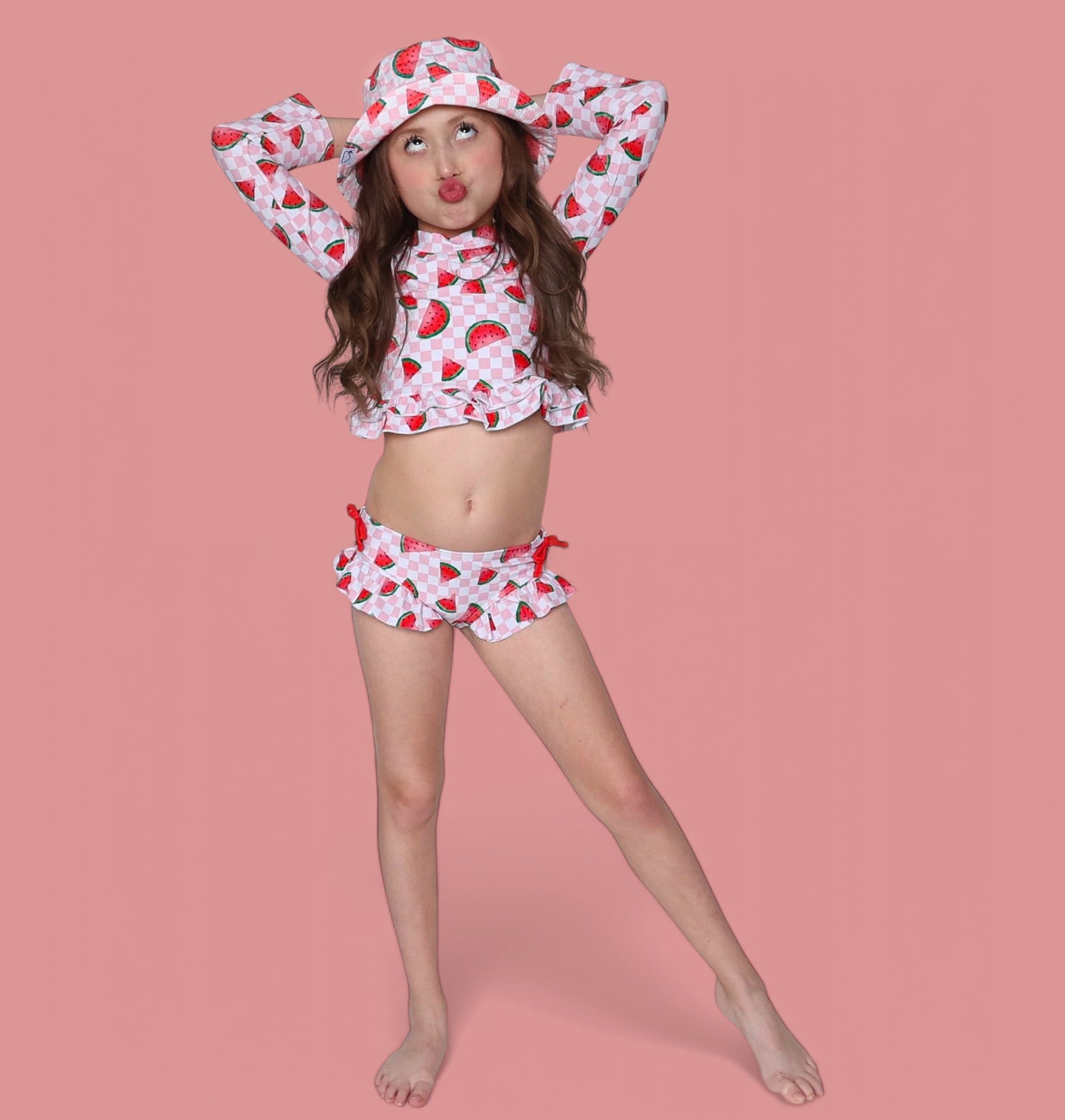 ONE IN A MELON DREAM TWO PIECE RASH GUARD RUFFLE SWIM SUIT