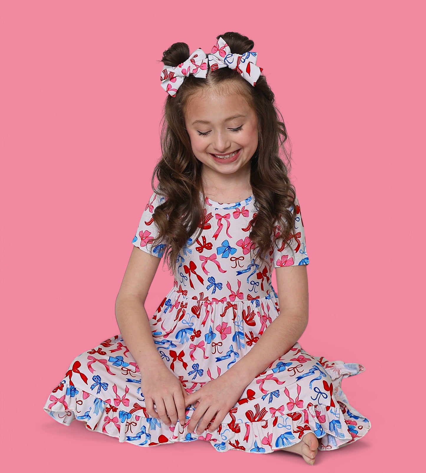 RED, WHITE AND BOWS DREAM RUFFLE DRESS
