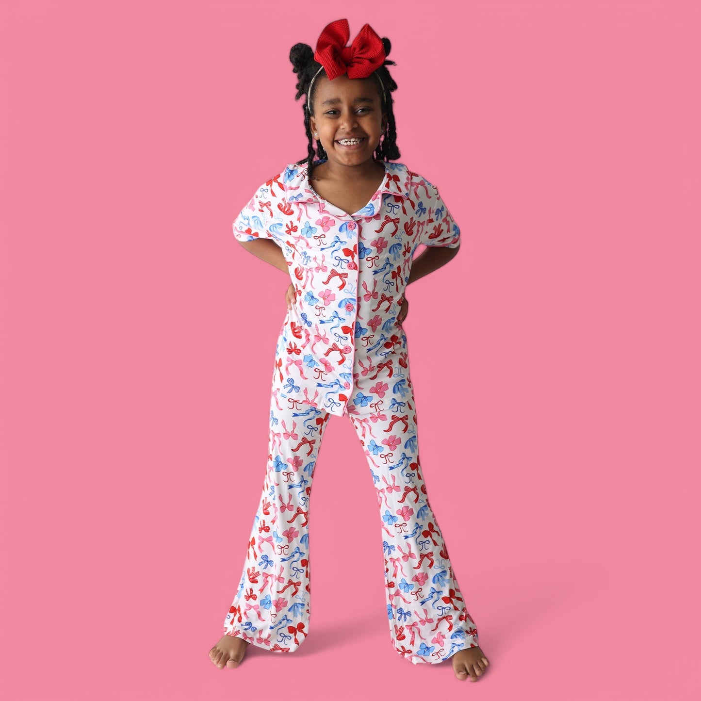 RED, WHITE AND BOWS DREAM GIRL'S SHORT SLEEVE FLARE SET
