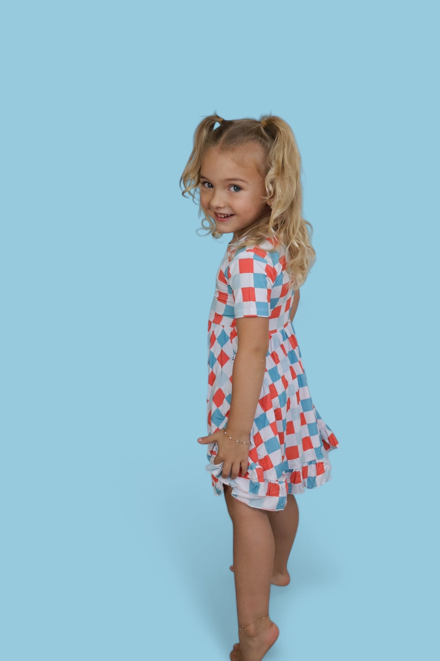 USA CHECKERS DREAM RUFFLE DRESS