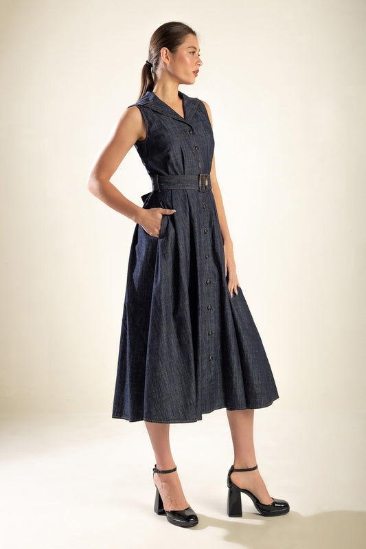 OASIS OF CALM RIGID DENIM MIDI DRESS