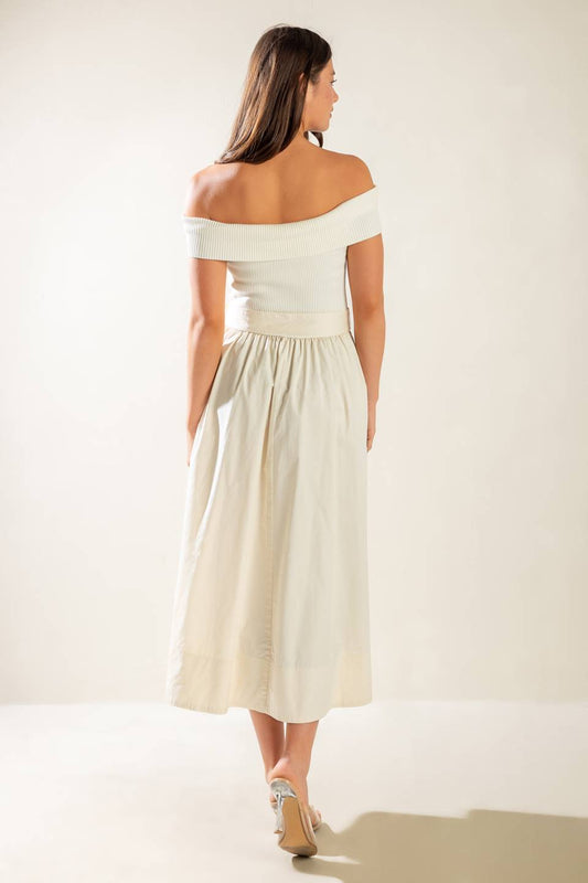 SOCIAL SEASON OFF SHOULDER MIDI DRESS