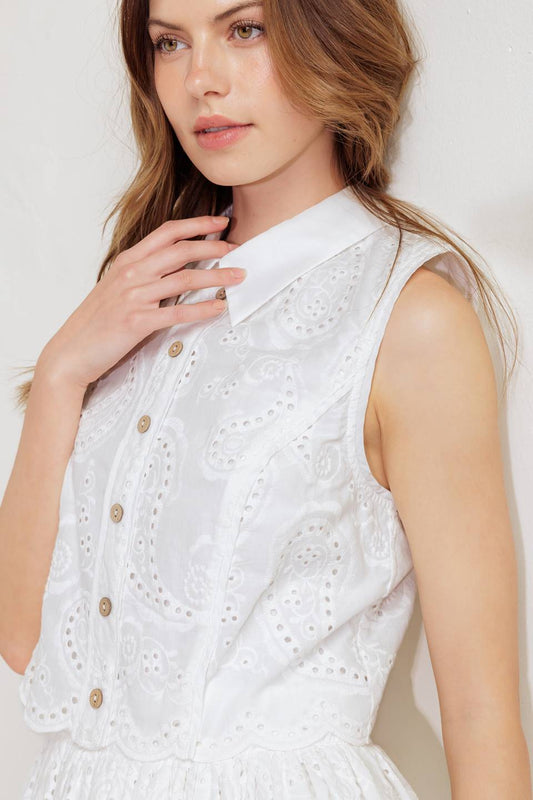LEAF KISS WHITE WOVEN EYELET MINI DRESS