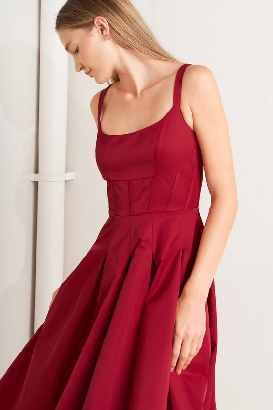 CRIMSON TWIRL WOVEN MIDI DRESS