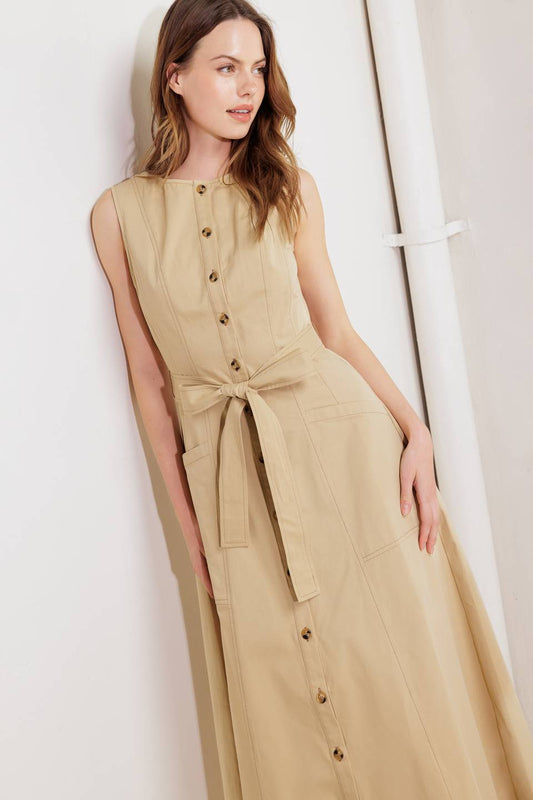 NATURE’S GENTLE SONG BEIGE WOVEN MIDI DRESS