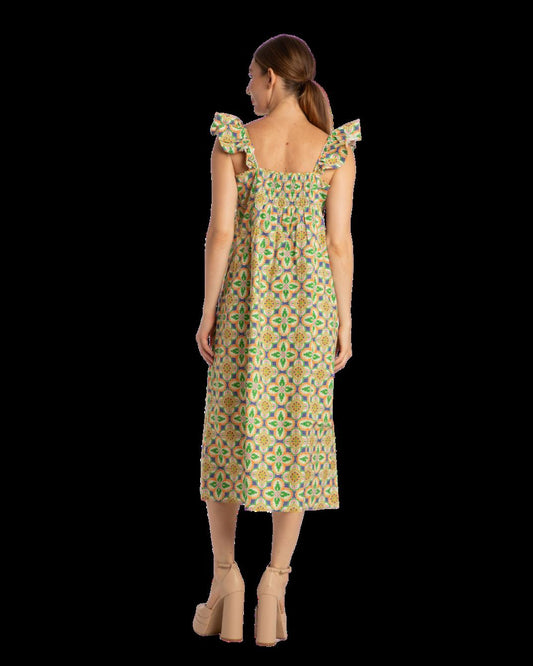 Ali Ruffle Square Neck Dress - Mosaic Tile