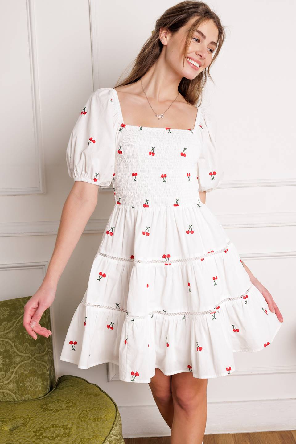 STILL DECIDING EMBROIDERED MINI DRESS