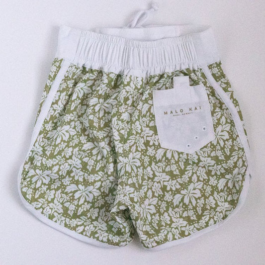 Green Hibiscus Kids Surf Shorts
