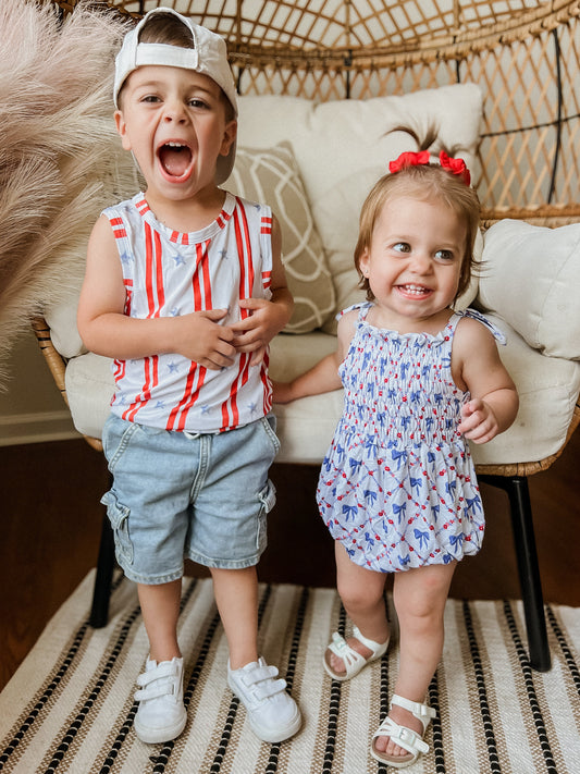 Smocked Red, White and Bows Bamboo Bubble Romper