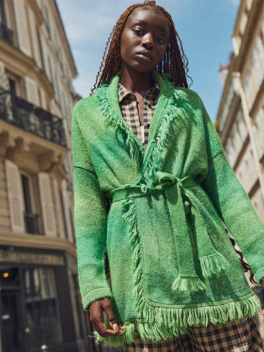 Tatiana Fringe Wrap Cardigan - Green Shimmer