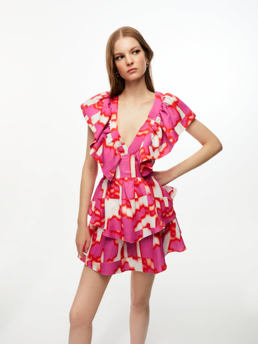 Flowy Printed Mini Dress - Multi-Colored