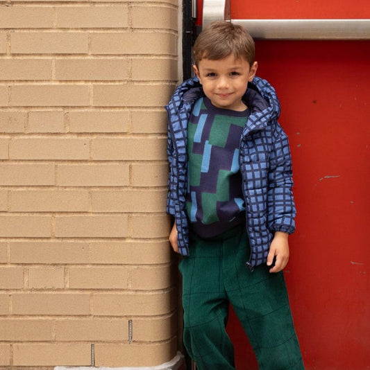 Recycled Nylon Blue Grid Puffer