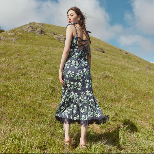 Desirae Embroidered Fringe Midi Dress - Dark Blueberry/Ivory Ditsy Floral Embroidery