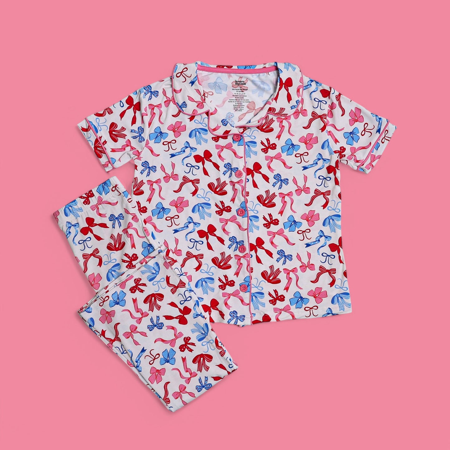 RED, WHITE AND BOWS DREAM GIRL'S SHORT SLEEVE FLARE SET