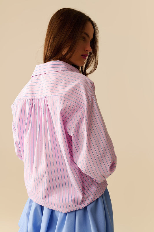 Pink Striped Poplin Shirt Embellished With Strass