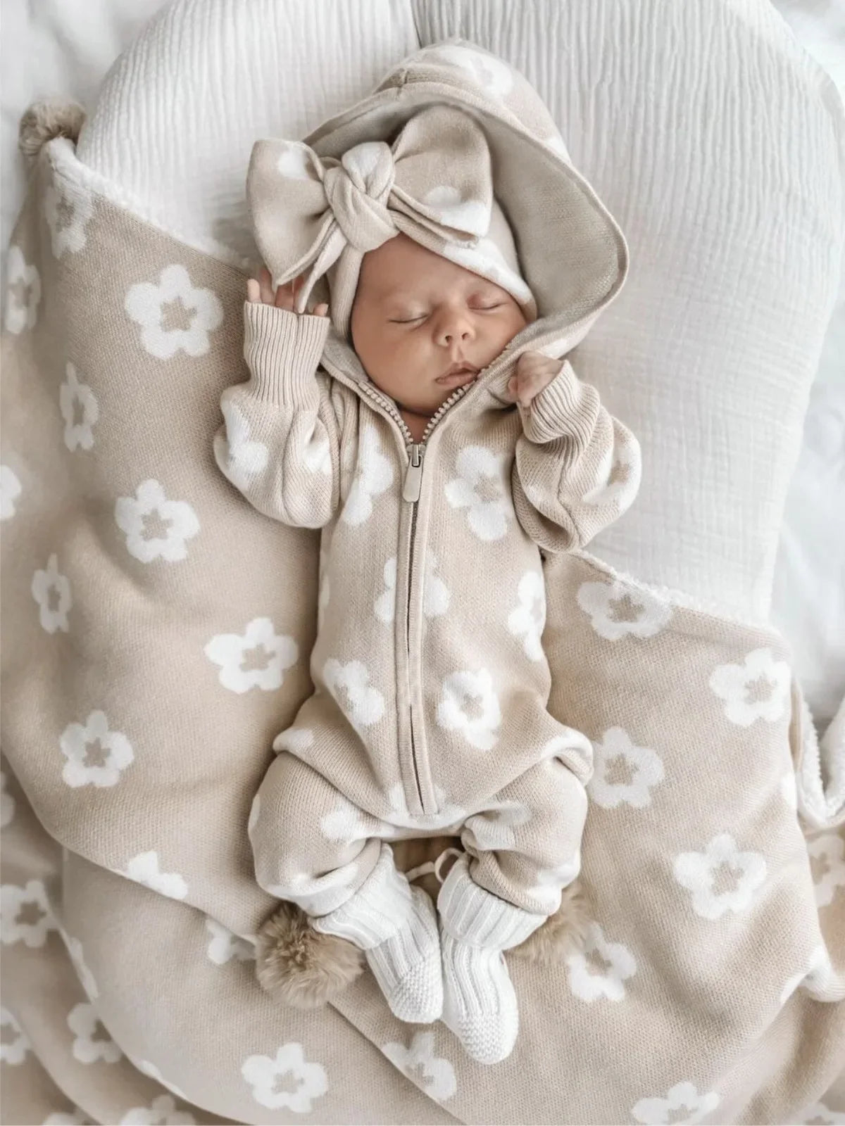 Floral Knitted Zip Up Hooded Jumpsuit