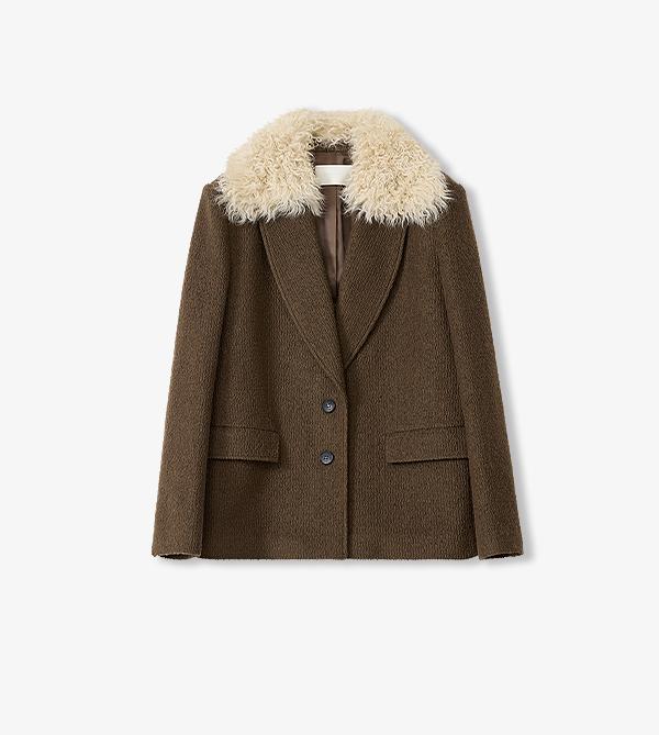 Vertical Texture Wool Tweed Coat Detachable Fur Collar