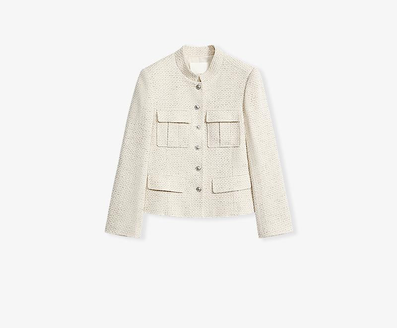 Heavy Wool Blend Tweed Stand Collar Waist Cropped Coat